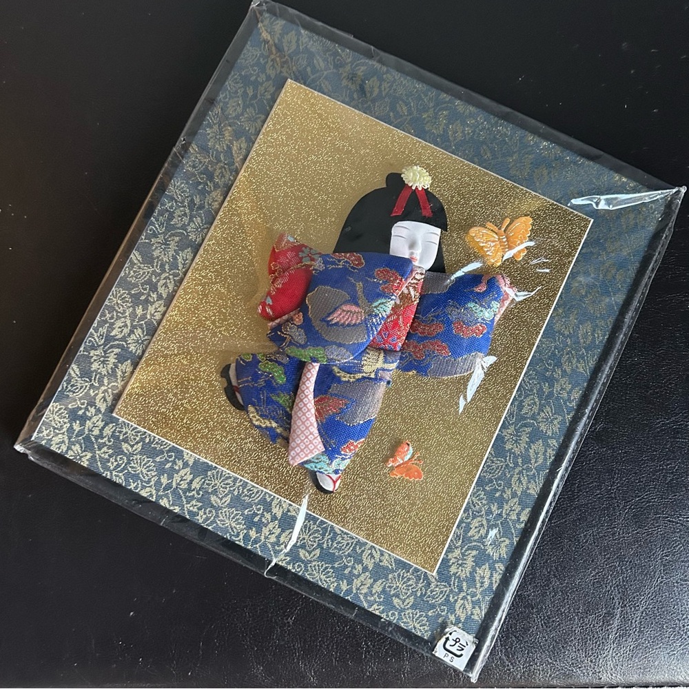 Japanese Oshie Girl Doll & Butterfly Wall Art with Gold and Blue Accents
